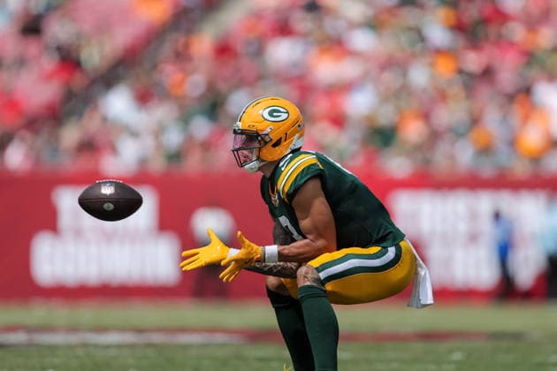 Oct 4, 2026; Tampa, FL, USA; Green Bay Packers wide receiver Christian Watson (9) attempting to catch a pass during the NFL, American Football Herren, USA game between the Green Bay Packers and Tampa Bay Buccaneers at Raymond James Stadium. Mandatory Credit: Taylor McFee-Cal Media NFL 2026: Packers Vs Buccaneers OCT 04  - ZUMAc04_ 20261004_zma_c04_070 Copyright: xTaylorxMcfeex