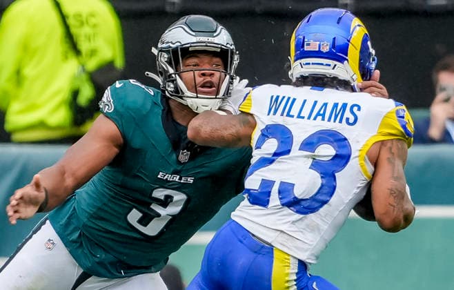 October 4, 2026, Philadelphia, Pa, USA: Oct 4, 2026; Philadelphia, PA, USA; Philadelphia Eagles linebacker Nolan Smith Jr. (3) tries to tackle Los Angeles Rams running back Kyren Williams (23) durin g a run at Lincoln Financial Field. Mandatory Credit: -Cal Media NFL, American Football Herren, USA 2026: Rams Vs Eagles OCT 04  - ZUMAcs17 20261004_faf_cs17_159 Copyright: xScottxSeriox