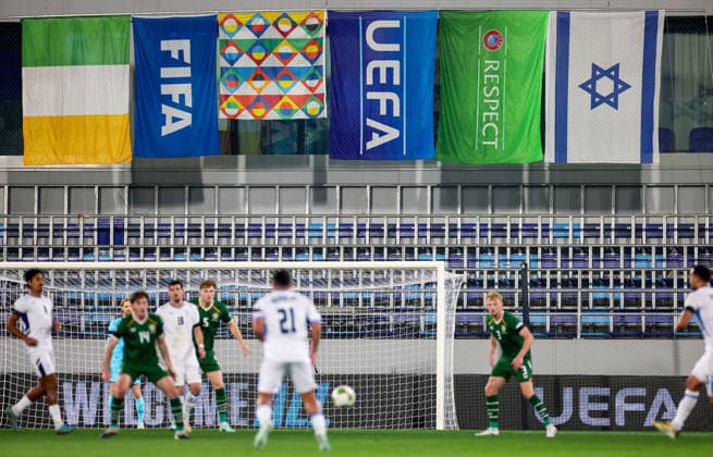 UEFA Nations League Group Stage, TSC Arena, BaÄka Topola, Serbia 4 10 2026 Republic of Ireland vs Israel A view of the Ireland and Israel flags during the match A view of the Ireland and Israel flags during the match 4 10 2026  Copyright: xx RB1_9593