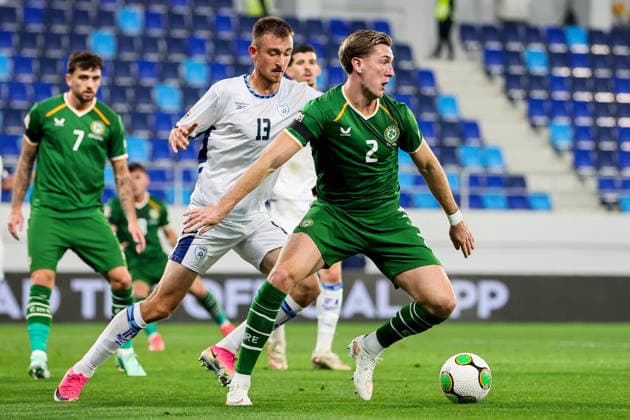 UEFA Nations League Group Stage, TSC Arena, BaÄka Topola, Serbia 4 10 2026 Republic of Ireland vs Israel Ireland s Jimmy Dunne is pressured by Israel s Nikita Stoinov Jimmy Dunne is pressured by Nikita Stoinov 4 10 2026  Copyright: xx RB2_0755