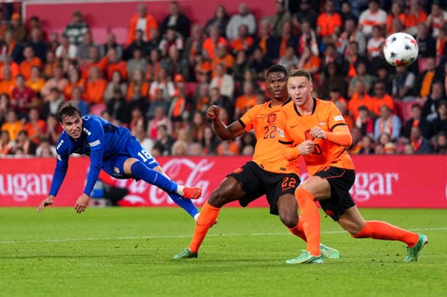 UEFA Nations League: The Netherlands v Serbia Eindhoven - Mihajlo Cvetkovic of Serbia shoots during the league phase matchday 4 competition round of the 2026 2027 UEFA Nations League season. The match is set between The Netherlands and Serbia at Philips Stadion on 4 October 2026 in Eindhoven, Netherlands. (Hero Images Yannick Verhoeven) Copyright: xYannickxVerhoevenx