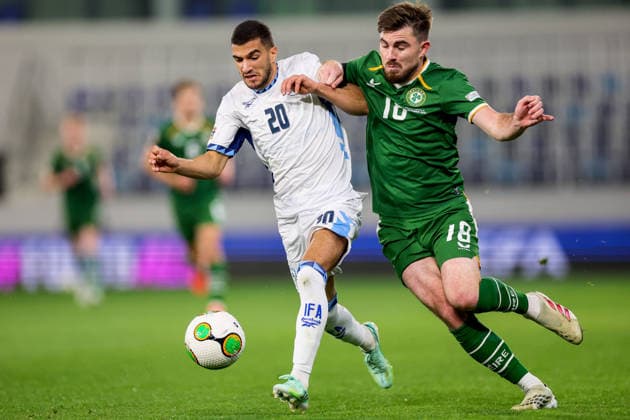 UEFA Nations League Group Stage, TSC Arena, BaÄka Topola, Serbia 4 10 2026 Republic of Ireland vs Israel Ireland s Ryan Manning and Israel s Liel Abada contest for the ball Ryan Manning and Liel Abada contest for the ball 4 10 2026  Copyright: xx RB1_0172