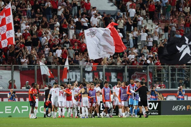 Malta players and staff celebrate after the UEFA Nations League, League D, Group D1 match between Malta and Andorra at the National Stadium, in Ta Qali, Malta, on 04 October, 2026. (photo by Domenic Aquilina) UEFA Nations League, League D, Group D1 Qualifying; UEFA Nations League;