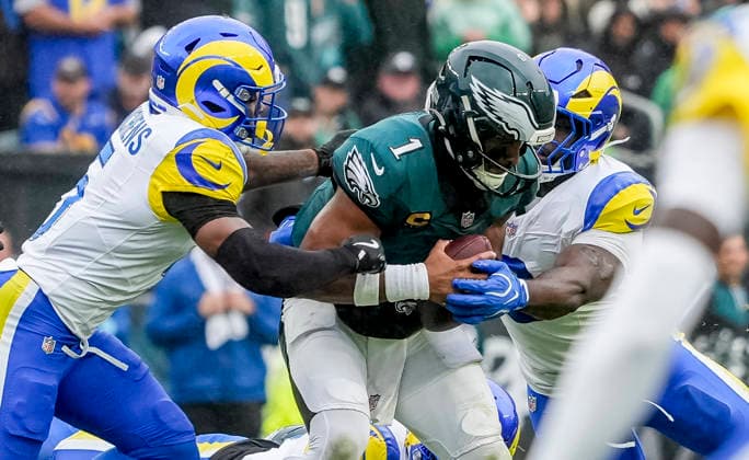 October 4, 2026, Philadelphia, Pa, USA: Oct 4, 2026; Philadelphia, PA, USA; Philadelphia Eagles quarterback Jalen Hurts (1) gets sacked at Lincoln Financial Field. Mandatory Credit: -Cal Media Philadelphia USA - ZUMAcs17 20261004_faf_cs17_163 Copyright: xScottxSeriox