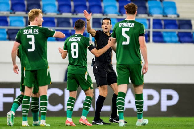 UEFA Nations League Group Stage, TSC Arena, BaÄka Topola, Serbia 4 10 2026 Republic of Ireland vs Israel Referee Juan Martinez Munuera users the Ireland players away while he waits to hear from VAR regarding a potential penalty against Israel Juan Martinez Munuera users the Ireland players away while he waits to hear from VAR regarding a potential penalty against Israel 4 10 2026  Copyright: xx RB1_0919