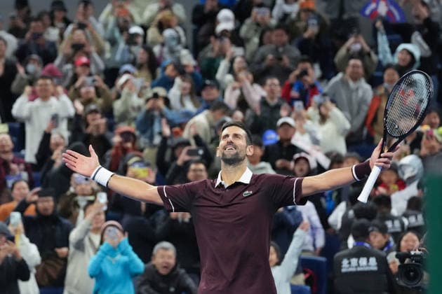 (261004) -- BEIJING, Oct. 4, 2026 -- Novak Djokovic celebrates after the men s singles quarterfinal match between Alexander Zverev of Germany and Novak Djokovic of Serbia at 2026 China Open tennis tournament in Beijing, China, Oct. 4, 2026. ) (SP)CHINA-BEIJING-TENNIS-CHINA OPEN-MEN S SINGLES(CN) JuxHuanzong