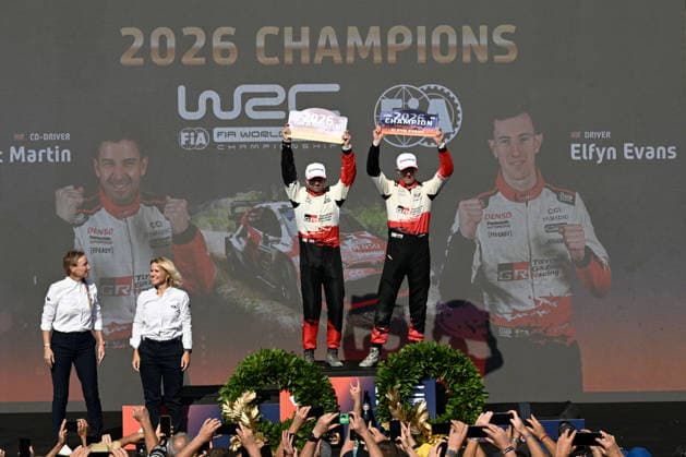 IPA89309437 - ,Driver Elfyn Evans and Co-Driver Scott Martin of the Toyota Gazoo Racing WRT team, driving the Toyota GR Yaris Rally1, celebrate their victory as champions during the FIA World Rally Championship WRC, Motorsport Rallye, WM Rally Italia Sardegna 2026 on October 4 in Alghero, Sardinia, Italy Copyright: xLucaxBarsali IPAxSportx xx IPA89309437