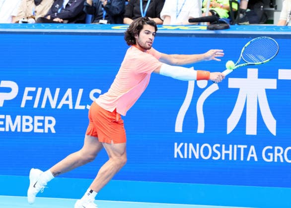 October 4, 2026, Tokyo, Japan - Carlos Alcaraz of Spain returns the ball against Denis Shapovalov of Canada during the quarter-final match of the Japan Open tennis championships at the Ariake Colosseum in Tokyo on Sunday, October 4, 2026. Shapovalov gave up the game in the middle and alcaraz advanced to the semi-final 7-6, 6-1. (photo by Yoshio Tsunoda AFLO) Noxthirdxpartyxsales 0868518501st YoshioxTsunodax