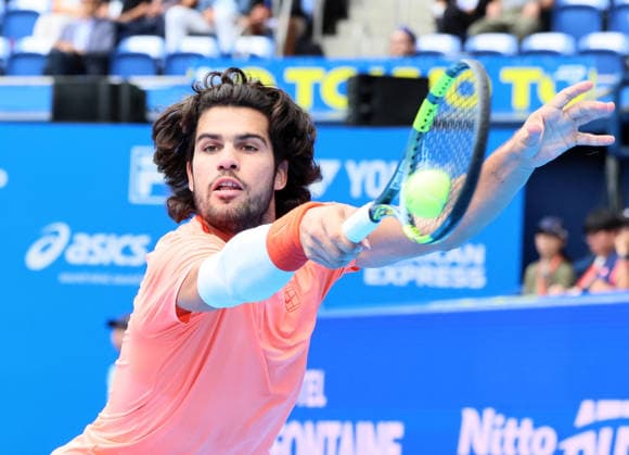 October 4, 2026, Tokyo, Japan - Carlos Alcaraz of Spain returns the ball against Denis Shapovalov of Canada during the quarter-final match of the Japan Open tennis championships at the Ariake Colosseum in Tokyo on Sunday, October 4, 2026. Shapovalov gave up the game in the middle and alcaraz advanced to the semi-final 7-6, 6-1. (photo by Yoshio Tsunoda AFLO) Noxthirdxpartyxsales 0868518532st YoshioxTsunodax