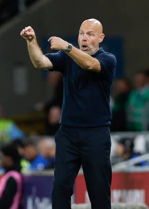 Cardiff, Wales, 4th October 2026. Brian Riemer head coach of Denmark during the Wales vs Denmark UEFA Nations League match at the Cardiff City Stadium, Cardiff. Picture credit should read: Cody Froggatt Sportimage EDITORIAL USE ONLY. No use with unauthorised audio, video, data, fixture lists, club league logos or live services. Online in-match use limited to 120 images, no video emulation. No use in betting, games or single club league player publications. SPI_021_CF_WALES_V_DENMARK SPI-5051-0021