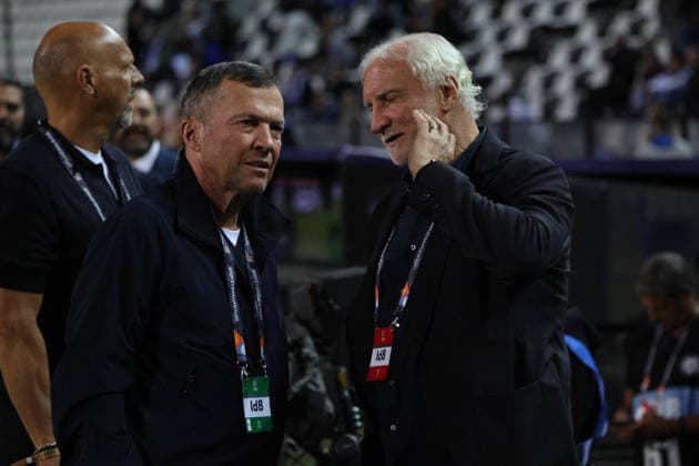 October 4, 2026, Soccer, Men s, 2027 UEFA Nations League, Greece vs. Germany, Rudi Völler, sporting director of the German Football Association, and RTL analyst Lothar Matthäus, Toumba Stadium, Thessaloniki, Greece, GRE Copyright: xSebastianxBachx