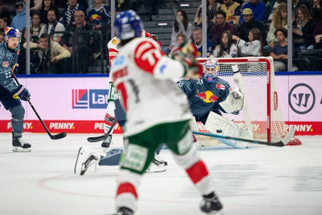 Hockey, DEL, 20261004, EHC Red Bull Munich vs. Augsburg Panthers. Pictured: Goal 3-2; from left: goal scorer Luke Toporowski (Augsburg, 77) and goaltender Mathias Niederberger (Munich, 35). Munich SAP Garden, Bavaria, Germany Copyright: Passion2Press MarkusxFischerx