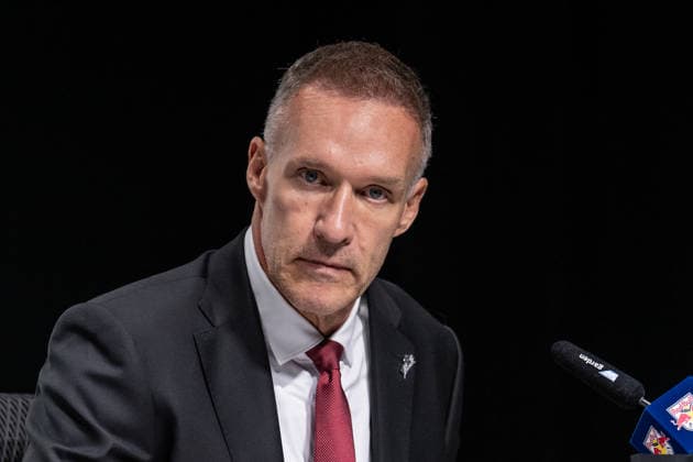 Gerry Fleming, Assistant Coach of the Augsburger Panther, at the postgame press conference. Portrait: GER, EHC Red Bull Munich vs. Augsburger Panther, DEL, 2026–2027 season, Matchday 6, October 4, 2026 Photo: HMB Media, Heike Feiner Copyright: HMBxMedia HeikexFeiner