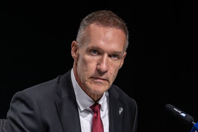Gerry Fleming, Assistant Coach of the Augsburger Panther, at the postgame press conference. Portrait: GER, EHC Red Bull Munich vs. Augsburger Panther, DEL, 2026–2027 season, Matchday 6, October 4, 2026 Photo: HMB Media, Heike Feiner Copyright: HMBxMedia HeikexFeiner