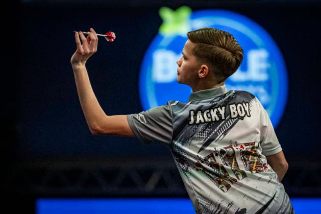 RECORD DATE NOT STATED 4th October 2026; Mattioli Arena, Leicester, England; PDC World Grand Prix Darts, World Grand Prix, Final Day; Jack Johnson on his way to retaining his Junior VOLT Championship in the final in Leicester by defeating Danny Halliday 5-0 GodfreyxPitt