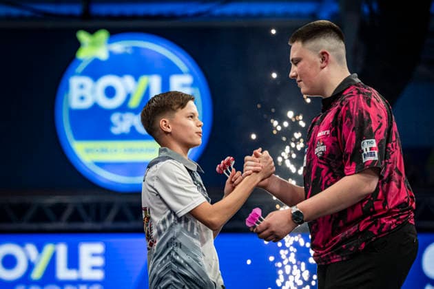 RECORD DATE NOT STATED 4th October 2026; Mattioli Arena, Leicester, England; PDC World Grand Prix Darts, World Grand Prix, Final Day; Danny Halliday congratulates Jack Johnson on retaining his Junior VOLT Championship in the final in Leicester 5-0 GodfreyxPitt