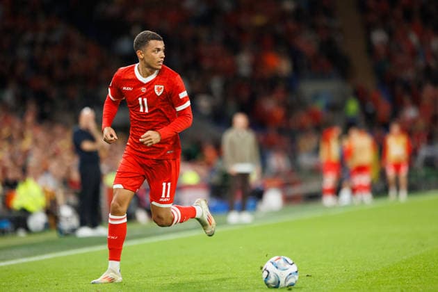 RECORD DATE NOT STATED 4th October 2026; Cardiff City Stadium, Cardiff, Wales; UEFA Nations League Football, Wales versus Denmark; Brennan Johnson of Wales prepares to cross the ball AmandaxMcMaster