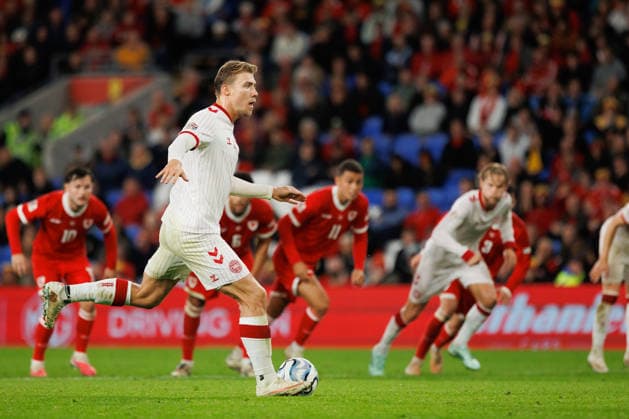 RECORD DATE NOT STATED 4th October 2026; Cardiff City Stadium, Cardiff, Wales; UEFA Nations League Football, Wales versus Denmark; Rasmus H& xf8;jlund of Denmark takes penalty kick AmandaxMcMaster