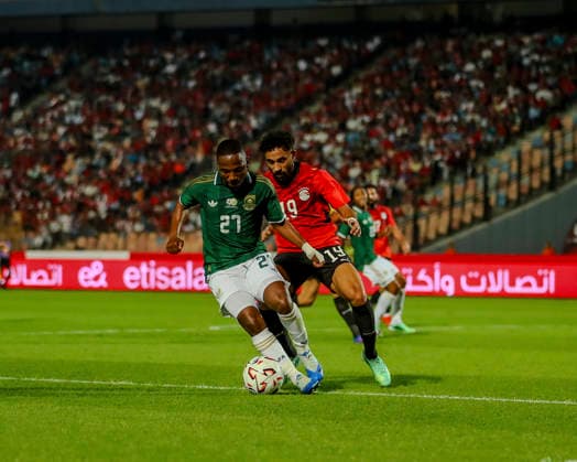 Cairo Egypt South Africa Match South Africa player battles for possession against Egypt player at Cairo International Stadium in Cairo, Egypt on October 4, 2026. The International Friendly, Länderspiel, Nationalmannschaft match serves as preparation for both national teams ahead of upcoming regional and continental football competitions. Cairo Cairo Egypt Copyright: xRahmaxAbdelazizx
