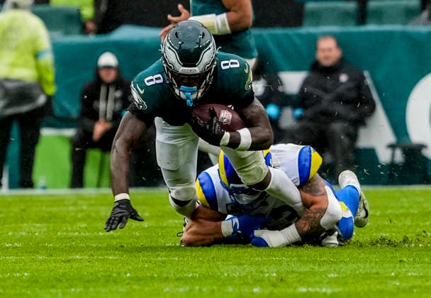 October 4, 2026, Philadelphia, Pa, USA: Oct 4, 2026; Philadelphia, PA, USA; Philadelphia Eagles running back Tank Bigsby (8) rushes from scrimmage and is brought down by Los Angeles Rams linebacker Nate Landman (53) during the Rams 24-20 wins against the Eagles at Lincoln Financial Field. Mandatory Credit: -Cal Media Philadelphia USA - ZUMAcs17 20261004_faf_cs17_183 Copyright: xScottxSeriox