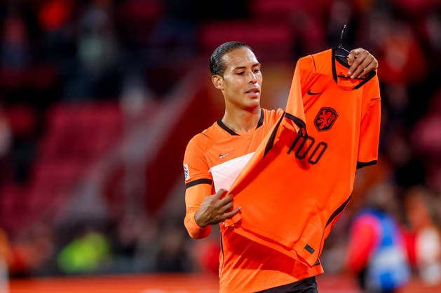 EINDHOVEN, NETHERLANDS - OCTOBER 4: Virgil van Dijk of the Netherlands wearing a shirt showing the number 100 of international matches he has played for the Netherlands so far during the UEFA Nations League 2026 27 Group A2 MD4 match between Netherlands and Serbia at Philips Stadion on October 04, 2026 in Eindhoven, Netherlands.  Copyright: xDijksxMedia MBxMediax