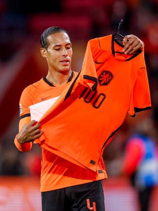 EINDHOVEN, NETHERLANDS - OCTOBER 4: Virgil van Dijk of the Netherlands wearing a shirt showing the number 100 of international matches he has played for the Netherlands so far during the UEFA Nations League 2026 27 Group A2 MD4 match between Netherlands and Serbia at Philips Stadion on October 04, 2026 in Eindhoven, Netherlands.  Copyright: xDijksxMedia MBxMediax