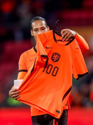 EINDHOVEN, NETHERLANDS - OCTOBER 4: Virgil van Dijk of the Netherlands wearing a shirt showing the number 100 of international matches he has played for the Netherlands so far during the UEFA Nations League 2026 27 Group A2 MD4 match between Netherlands and Serbia at Philips Stadion on October 04, 2026 in Eindhoven, Netherlands.  Copyright: xDijksxMedia MBxMediax