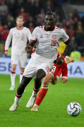 Football - 2026 2027 UEFA Nations League - League A, Group Four: Wales vs. Denmark - Cardiff City Stadium - Sunday 4th October 2026 Mohamed Daramy DENMARK bursts down the wing colorsport winston bynorth 
