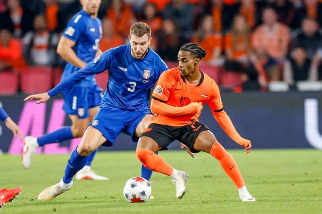 EINDHOVEN, NETHERLANDS - OCTOBER 4: Crysencio Summerville of Netherlands is challenged by Strahinja Pavlovic of Serbia during the UEFA Nations League 2026 27 Group A2 MD4 match between Netherlands and Serbia at Philips Stadion on October 04, 2026 in Eindhoven, Netherlands.  Copyright: xDijksxMedia MBxMediax