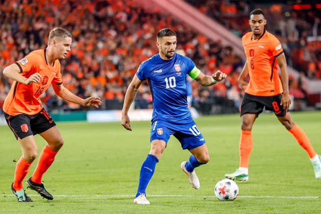 EINDHOVEN, NETHERLANDS - OCTOBER 4: Dusan Tadic of Serbia passes the ball during the UEFA Nations League 2026 27 Group A2 MD4 match between Netherlands and Serbia at Philips Stadion on October 04, 2026 in Eindhoven, Netherlands.  Copyright: xDijksxMedia MBxMediax