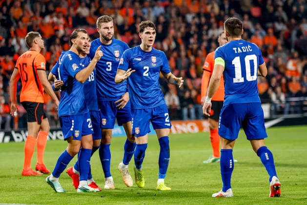 EINDHOVEN, NETHERLANDS - OCTOBER 4: Mihajlo Cvetkovic of Serbia celebrates after scoring his sides first goal with Lazar Vujadin Samardzic of Serbia, Strahinja Pavlovic of Serbia, Kosta Nedeljkovic of Serbia Dusan Tadic of Serbia during the UEFA Nations League 2026 27 Group A2 MD4 match between Netherlands and Serbia at Philips Stadion on October 04, 2026 in Eindhoven, Netherlands.  Copyright: xDijksxMedia MBxMediax