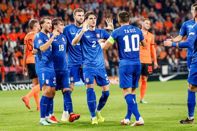 EINDHOVEN, NETHERLANDS - OCTOBER 4: Mihajlo Cvetkovic of Serbia celebrates after scoring his sides first goal with Lazar Vujadin Samardzic of Serbia, Strahinja Pavlovic of Serbia, Kosta Nedeljkovic of Serbia Dusan Tadic of Serbia during the UEFA Nations League 2026 27 Group A2 MD4 match between Netherlands and Serbia at Philips Stadion on October 04, 2026 in Eindhoven, Netherlands.  Copyright: xDijksxMedia MBxMediax