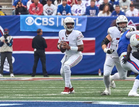 Arizona Cardinals quarterback Jacoby Brissett (7) looks to throw a pass against the New York Giants during a NFL, American Football Herren, USA game at MetLife Stadium in East Rutherford, New Jersey. CSM East Rutherford United States - ZUMAc04_ 20261004_zma_c04_180 Copyright: xDuncanxWilliamsx