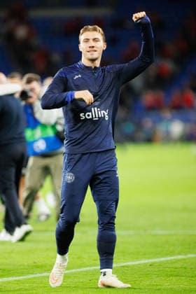 RECORD DATE NOT STATED 4th October 2026; Cardiff City Stadium, Cardiff, Wales; UEFA Nations League Football, Wales versus Denmark; celebrates 1-0 victory over Wales with fans AmandaxMcMaster