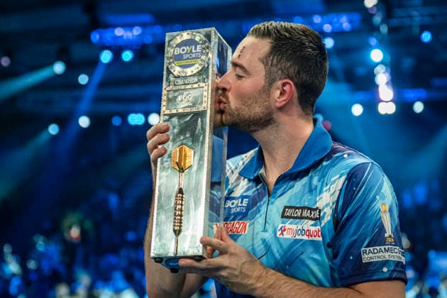 RECORD DATE NOT STATED 4th October 2026; Mattioli Arena, Leicester, England; PDC World Grand Prix Darts, World Grand Prix, Final Day; Luke Humphries celebrates winning the final against Gerwyn Price and kisses the Boyle Sports World Grand Prix trophy GodfreyxPitt