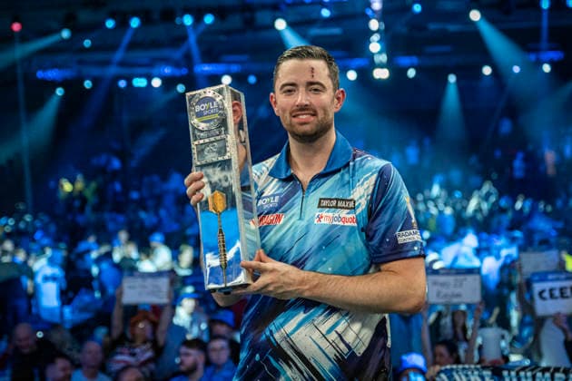 RECORD DATE NOT STATED 4th October 2026; Mattioli Arena, Leicester, England; PDC World Grand Prix Darts, World Grand Prix, Final Day; Luke Humphries celebrates winning the final against Gerwyn Price and holds the Boyle Sports World Grand Prix trophy GodfreyxPitt