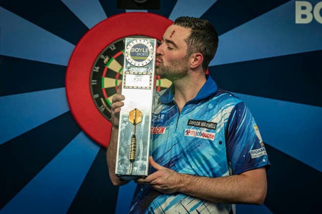 RECORD DATE NOT STATED 4th October 2026; Mattioli Arena, Leicester, England; PDC World Grand Prix Darts, World Grand Prix, Final Day; Luke Humphries celebrates winning the final against Gerwyn Price and kisses the Boyle Sports World Grand Prix trophy GodfreyxPitt