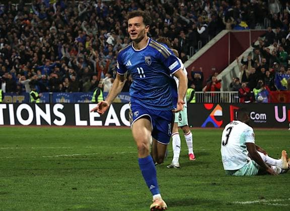 Kosovo v Austria - UEFA Nations League PRISTINA, KOSOVO - OCTOBER 4: Fisnik Asllani (11) of Kosovo celebrates after score a goal during the UEFA Nations League B match between the Kosovo and Austria at Fadil Vokrri Stadium in Baka Pristina, Kosovo, on October 04, 2026. Erkin Keci Anadolu Pristina Kosovo. Editorial use only. Please get in touch for any other usage. Copyright: x2026xAnadoluxErkinxKecix