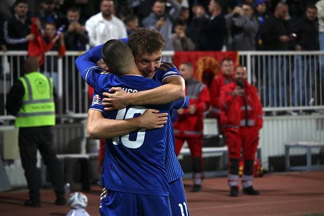 Kosovo v Austria - UEFA Nations League PRISTINA, KOSOVO - OCTOBER 4: Players of Kosovo celebrate after score a goal during the UEFA Nations League B match between the Kosovo and Austria at Fadil Vokrri Stadium in Baka Pristina, Kosovo, on October 04, 2026. Erkin Keci Anadolu Pristina Kosovo. Editorial use only. Please get in touch for any other usage.  Copyright: x2026xAnadoluxErkinxKecix