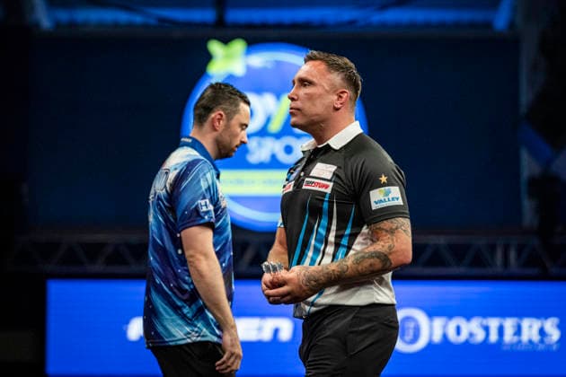 RECORD DATE NOT STATED 4th October 2026; Mattioli Arena, Leicester, England; PDC World Grand Prix Darts, World Grand Prix, Final Day; Gerwyn Price leads Luke Humphries by 3 sets to nil in the final GodfreyxPitt