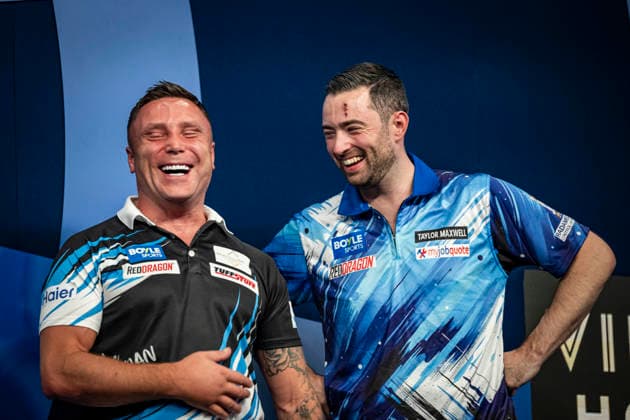RECORD DATE NOT STATED 4th October 2026; Mattioli Arena, Leicester, England; PDC World Grand Prix Darts, World Grand Prix, Final Day; Gerwyn Price shares a joke with Luke Humphries after the final GodfreyxPitt