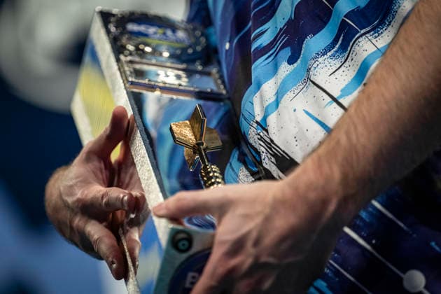 RECORD DATE NOT STATED 4th October 2026; Mattioli Arena, Leicester, England; PDC World Grand Prix Darts, World Grand Prix, Final Day; Luke Humphries holds the Boyle Sports World Grand Prix trophy GodfreyxPitt