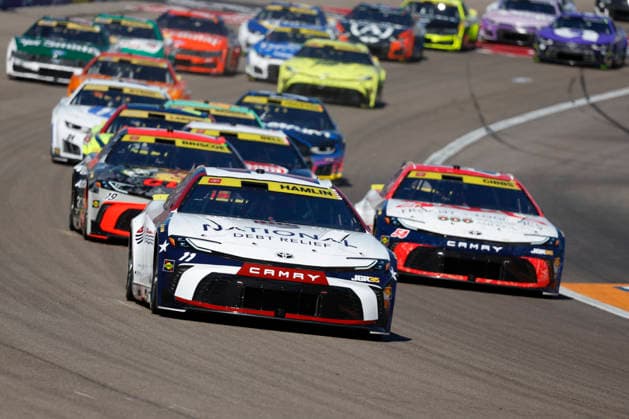 LAS VEGAS, NV - MARCH 04: Denny Hamlin ( 11 Joe Gibbs Racing National Debt Relief Toyota) leads early in the race during the South Point 400 NASCAR, Motorsport, USA Cup Series Chase playoff race on October 4, 2026 at Las Vegas Motor Speedway in Las Vegas, NV. (Photo by Jeff Speer LVMS Icon Sportswire) AUTO: OCT 04 NASCAR Cup Series Playoffs South Point 400 EDITORIAL USE ONLY Icon26100412387