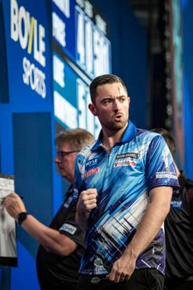 RECORD DATE NOT STATED 4th October 2026; Mattioli Arena, Leicester, England; PDC World Grand Prix Darts, World Grand Prix, Final Day; Luke Humphries celebrates winning a set in his final match against Gerwyn Price GodfreyxPitt