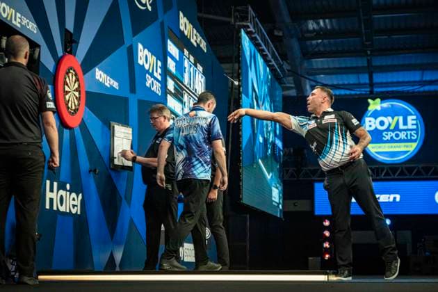 RECORD DATE NOT STATED 4th October 2026; Mattioli Arena, Leicester, England; PDC World Grand Prix Darts, World Grand Prix, Final Day; Gerwyn Price in action on the oche his final match against Luke Humphries GodfreyxPitt