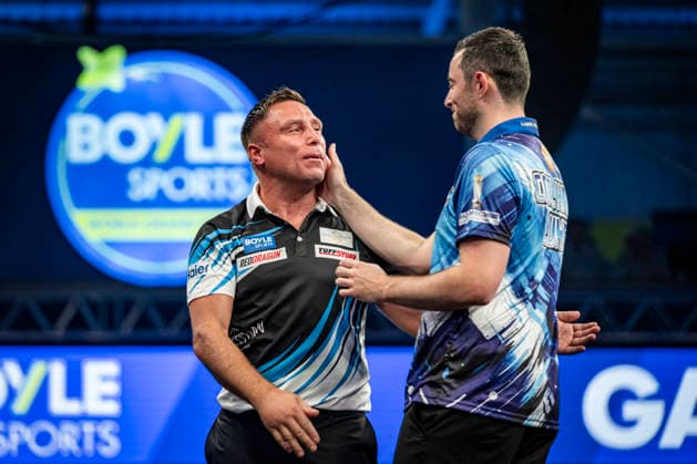 RECORD DATE NOT STATED 4th October 2026; Mattioli Arena, Leicester, England; PDC World Grand Prix Darts, World Grand Prix, Final Day; Gerwyn Price congratulates Luke Humphries on his victory in the final GodfreyxPitt