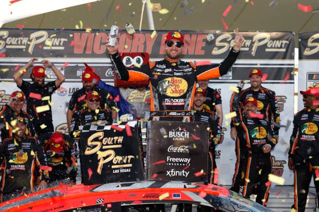 LAS VEGAS, CA - OCTOBER 04: Chase Briscoe ( 19 Joe Gibbs Racing Bass Pro Shops Toyota) celebrates in victory lane after winning the South Point 400 NASCAR, Motorsport, USA Cup Series Chase playoff race on October 4, 2026 at Las Vegas Motor Speedway in Las Vegas, NV. (Photo by Jeff Speer LVMS Icon Sportswire) AUTO: OCT 04 NASCAR Cup Series Playoffs South Point 400 EDITORIAL USE ONLY Icon26100423529