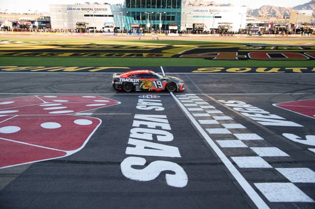 LAS VEGAS, NV - OCTOBER 04: Chase Briscoe ( 19 Joe Gibbs Racing Bass Pro Shops Toyota) crosses the finish line to win the race during the NASCAR, Motorsport, USA Cup Series Playoffs South Point 400 on October 04, 2026, at Las Vegas Motor Speedway in Las Vegas, NV. (Photo by Chris Williams LVMS Icon Sportswire) AUTO: OCT 04 NASCAR Cup Series Playoffs South Point 400 EDITORIAL USE ONLY Icon0072610041243