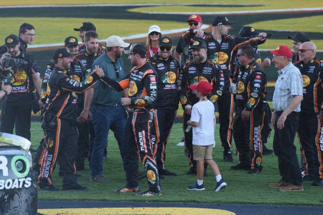 LAS VEGAS, NV - OCTOBER 04: Chase Briscoe ( 19 Joe Gibbs Racing Bass Pro Shops Toyota) celebrates winning race with his team during the NASCAR, Motorsport, USA Cup Series Playoffs South Point 400 on October 04, 2026, at Las Vegas Motor Speedway in Las Vegas, NV. (Photo by Chris Williams LVMS Icon Sportswire) AUTO: OCT 04 NASCAR Cup Series Playoffs South Point 400 EDITORIAL USE ONLY Icon0072610041259
