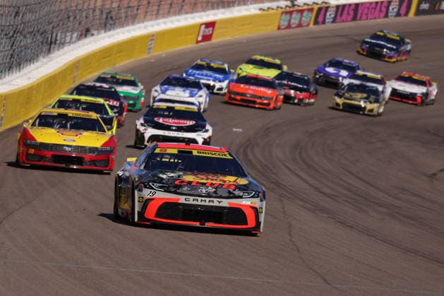 LAS VEGAS, CA - OCTOBER 04: Chase Briscoe ( 19 Joe Gibbs Racing Bass Pro Shops Toyota) leads the race during the South Point 400 NASCAR, Motorsport, USA Cup Series Chase playoff race on October 4, 2026 at Las Vegas Motor Speedway in Las Vegas, NV. (Photo by Marc Sanchez LVMS Icon Sportswire) AUTO: OCT 04 NASCAR Cup Series Playoffs South Point 400 EDITORIAL USE ONLY Icon14426100424294